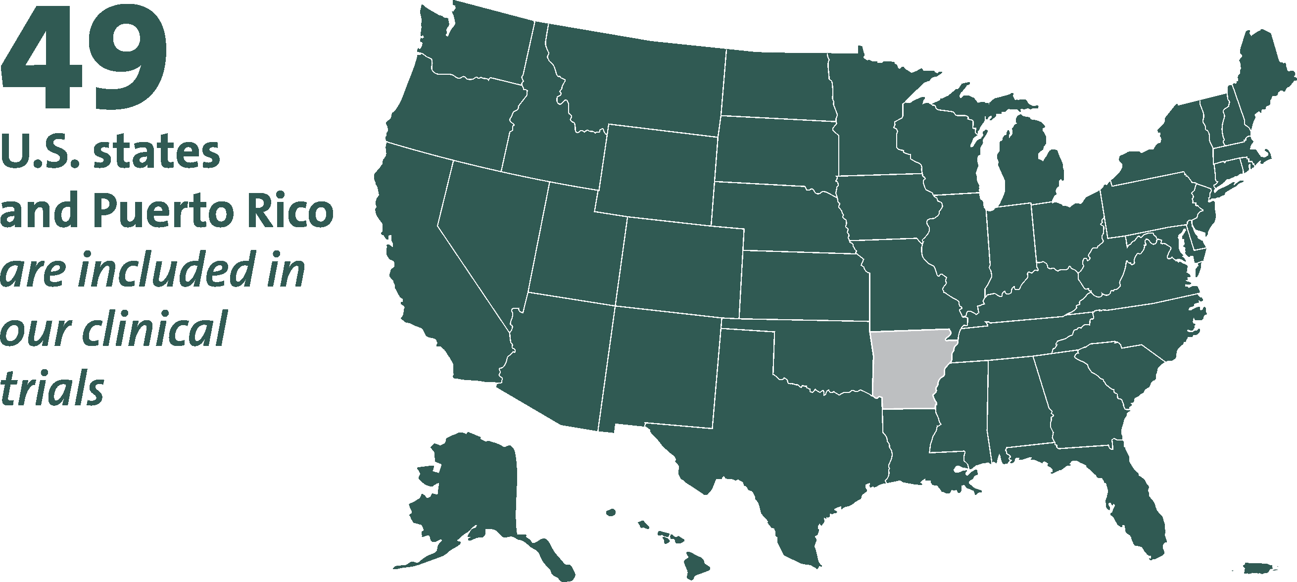 Map of the US with 49 states, and Puerto Rico, colored green to showcase location of clinical trials