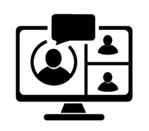 An icon representing a computer monitor on which a virtual meeting is displayed.