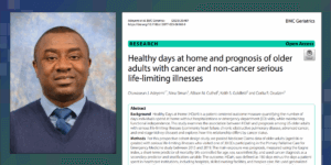 Headshot of Dr. Oluwaseun Adeyemi with screenshot of PRIM-ER article